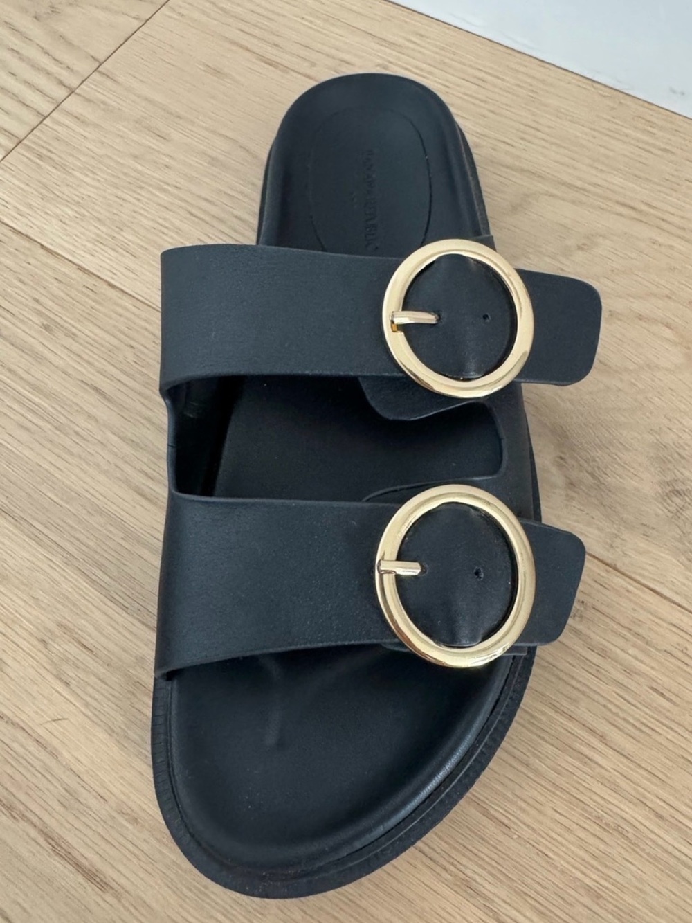 Banana Republic Black Slide Sandal with Gold Buckles